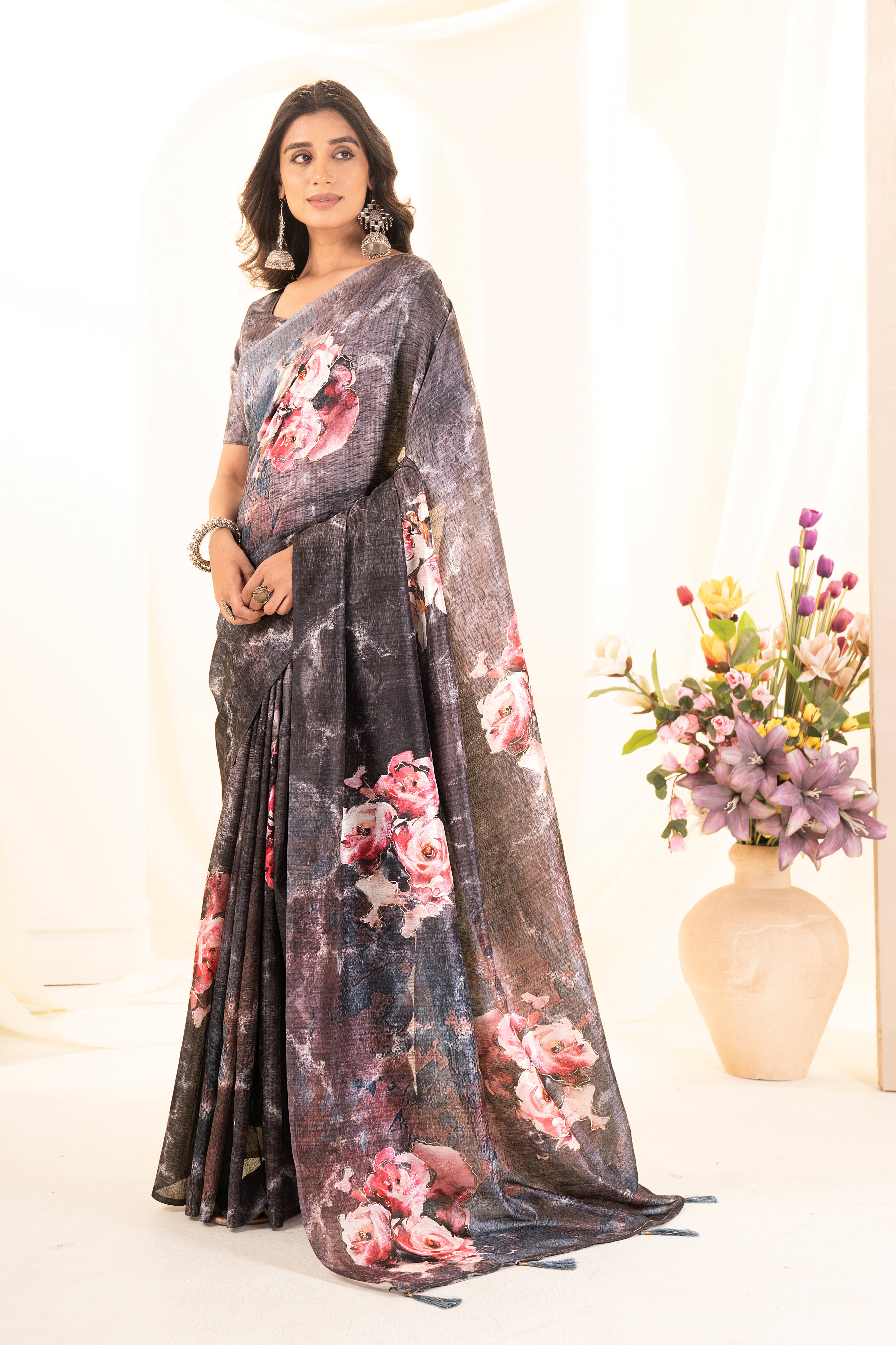 Black Tussar Silk Floral Saree